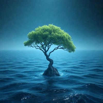 Primary subject: A lone tree in the middle of a vast body of water.

Setting/background: The tree is surrounded by a dark blue ocean, with no other visible objects or landmarks.

Visual style: The image is a digital artwork, featuring a single tree in the middle of the ocean.

Colors and mood: The dominant colors are dark blue and green, creating a serene and peaceful atmosphere.
